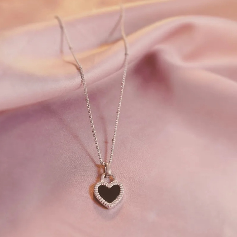 Silver Heart Pendant Necklace - Double sided black/white